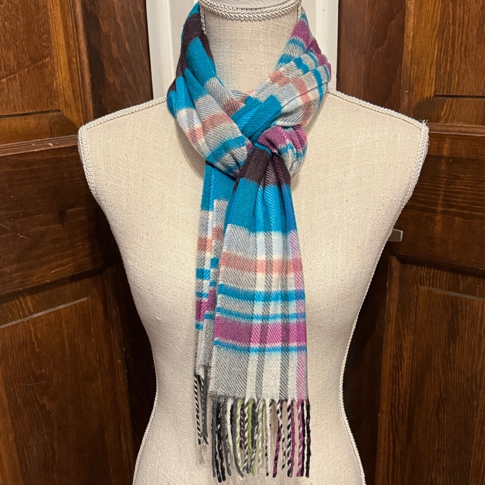 Cashmink Soft Vibrant Plaid Scarf with Fringe Made in Germany - Picture 1 of 2
